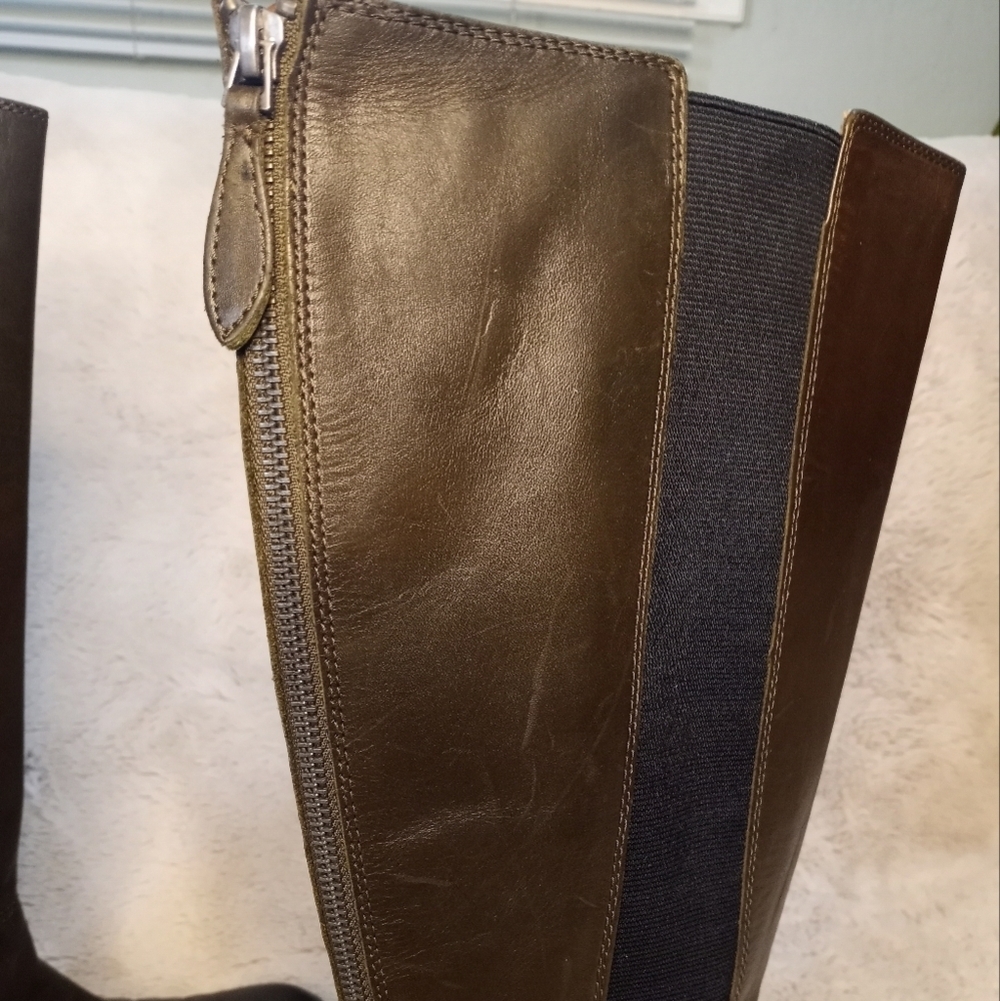 Franco Sarto Leather Tahini Moss Olive Green Boho Stretch Panel Wide Calf Boot 7 - Picture 5 of 16